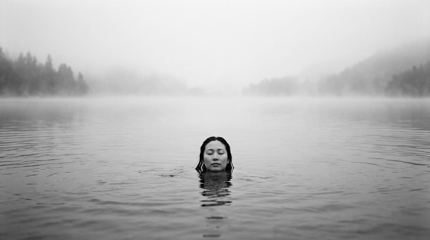 Woman submerged to the shoulders in still water